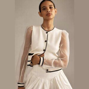 NEW Size S, L Women's Maeve Organza Sheer Sleeve Cardigan Sweater - Ivory